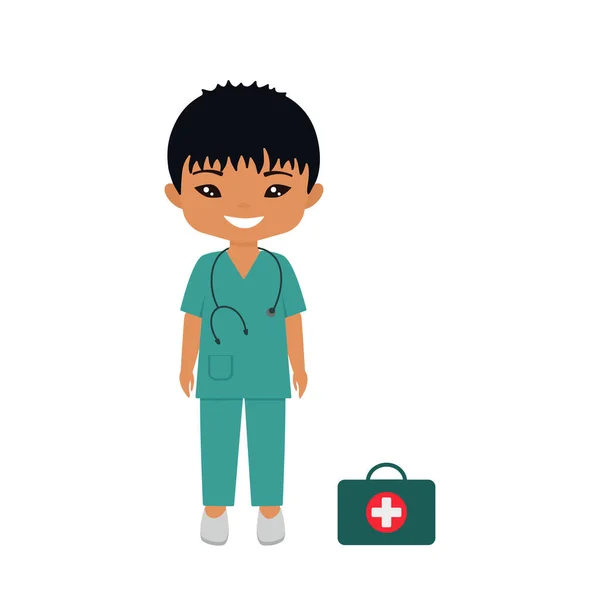 Profesiones Para Niños Lindo Personaje Chibi Traje Médico Estilo Plano — Vector de stock