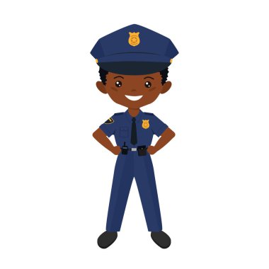 Polis üniformalı çocuk Chibi. Çocuklar için meslekler. Düz çizgi film tarzı. Vektör illüstrasyonu
