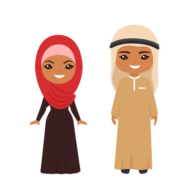 Ulusal Müslüman kostümlü sevimli Chibi karakterleri. Düz çizgi film tarzı. Vektör illüstrasyonu