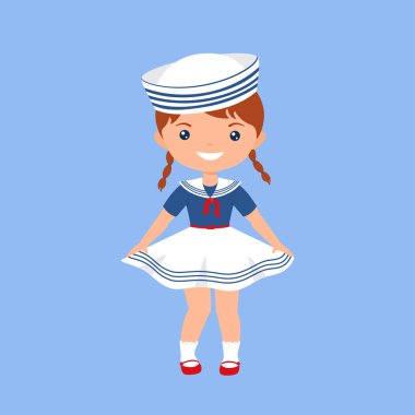 Denizci kıyafeti giymiş sevimli bir chibi kızı. Çocuklar için meslekler. Düz çizgi film tarzı. Vektör illüstrasyonu
