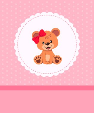 Davetiye, çerçeveli, kurdeleli ve desenli oyuncak ayılı tebrik kartı. Mesajın için yer aç. Vektör illüstrasyonu