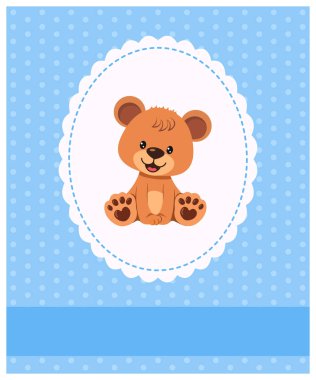 Davetiye, çerçeveli, kurdeleli ve desenli oyuncak ayıcığın olduğu tebrik kartı. Mesajın için yer aç. Vektör illüstrasyonu