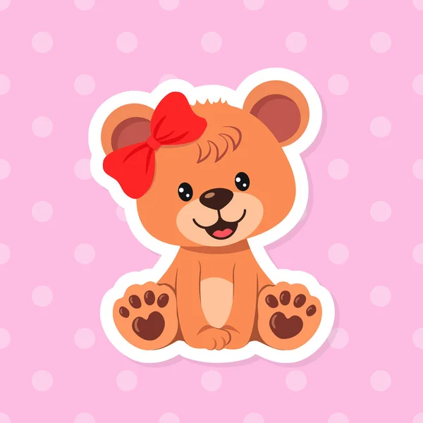 Roztomilý Medvídek Dívka Nálepka Růžovém Pozadí Vektorová Ilustrace — Stockový vektor