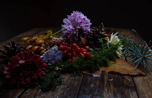 Csendélet Fenyőtobozok Gomba Viburnum Vad Alma Virágok Egy Fából Készült — Stock Fotó