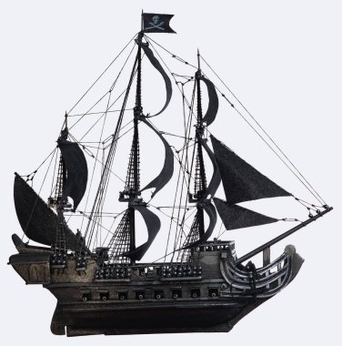 Black pirate ship of the eighteenth century with guns on white background clipart