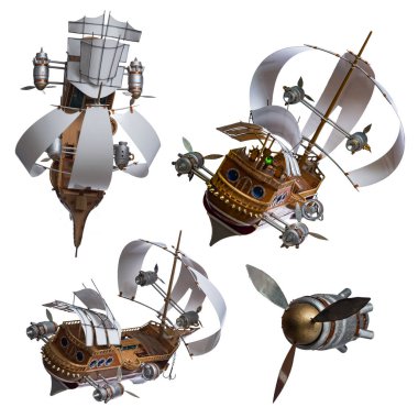 Flying is a fantastic sailing boat with powerful motors and propellers on a white background clipart