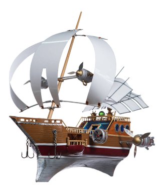 Flying is a fantastic sailing boat with powerful motors and propellers on a white background clipart