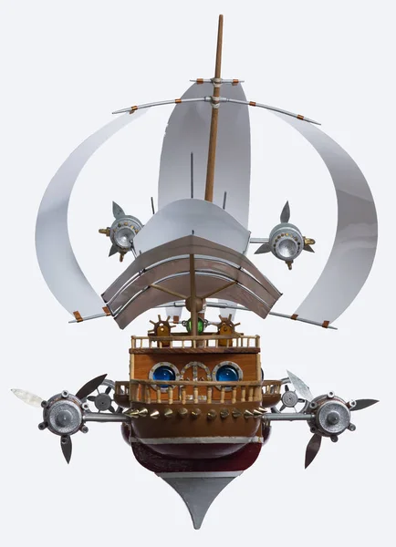 Flying Фантастическая Парусная Лодка Мощными Двигателями Пропеллерами Белом Фоне — стоковое фото