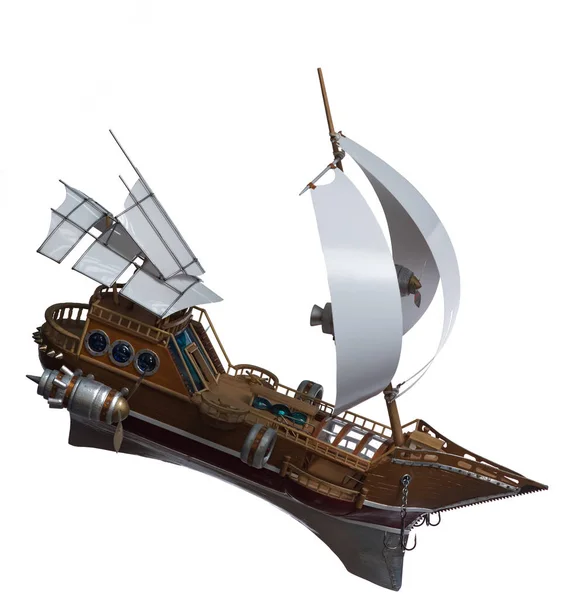 Flying Фантастичний Вітрильний Човен Потужними Двигунами Гвинтами Білому Тлі — стокове фото