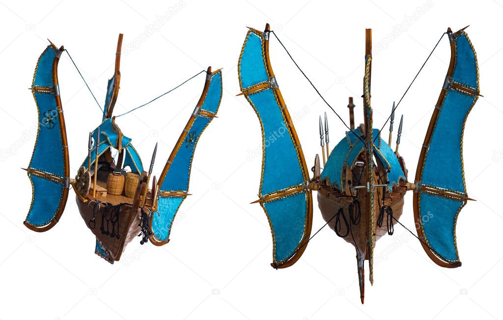 Flying boat with turquoise sails on white background