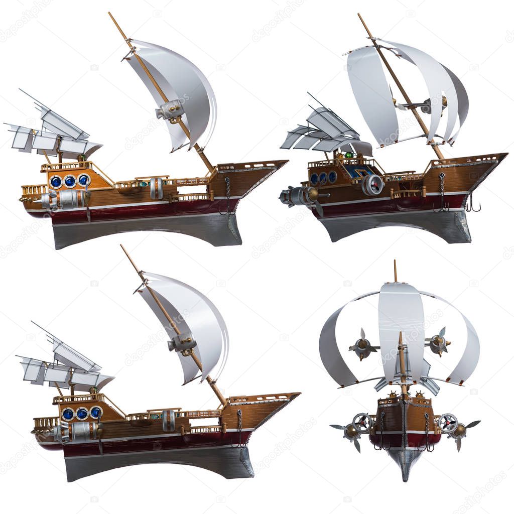 Flying is a fantastic sailing boat with powerful motors and propellers on a white background