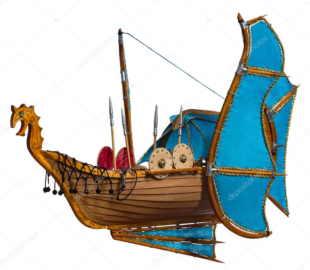 Flying boat with turquoise sails on white background