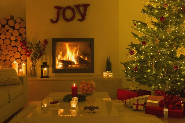 Cheminée Ambiante Bougies Dans Salon Avec Arbre Noël — Photo