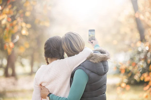 Affectionate Mother Daughter Taking Selfie Outdoors — Stock Photo, Image