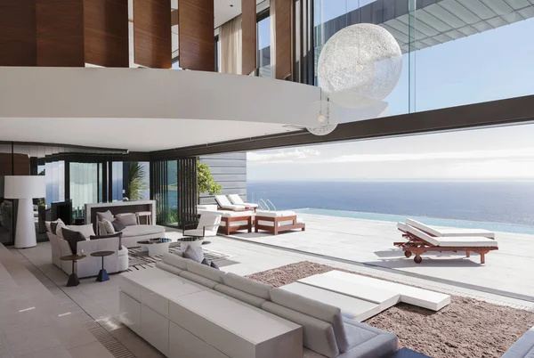 现代住宅中俯瞰海洋的起居室 — 图库照片