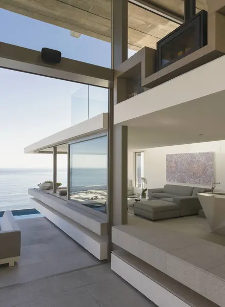 Modern Luxury Home Showcase Interior Living Room Ocean View — Stock Photo, Image