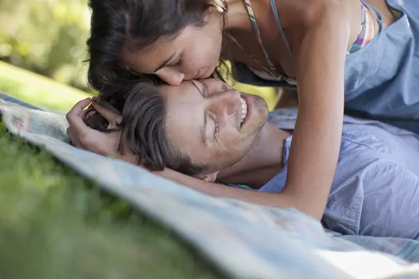 Affectionate Couple Laying Blanket Grass — Stock Photo, Image