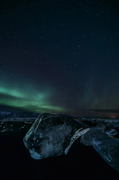 Zorza Polarna Nad Icy Nocny Krajobraz Lodowiec Jokulsarlon Islandia — Zdjęcie stockowe