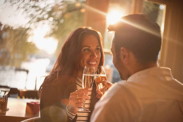 Affectionate Young Couple Toasting Champagne Glasses Restaurant — Stock Photo, Image