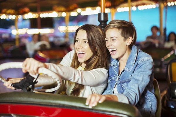 Two Cheerful Women Bumper Car Ride Amusement Park — Stock Photo, Image