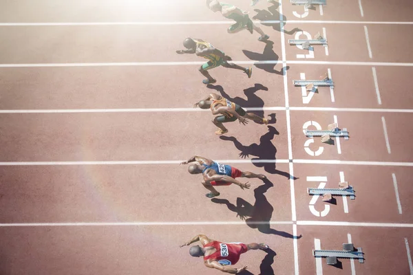 Runners Taking Starting Blocks Track — Stock Photo, Image