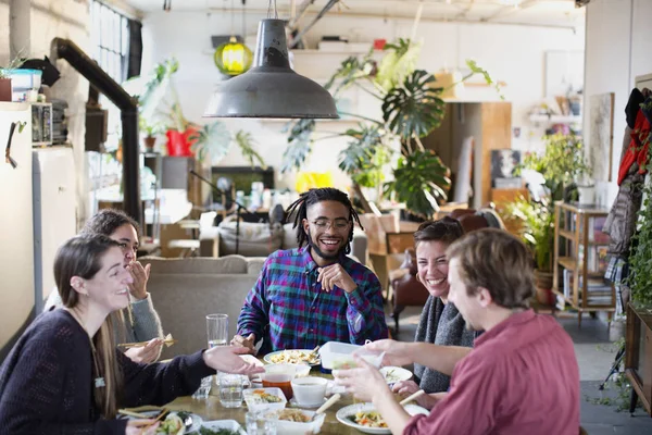 Young Adult Roommate Friends Enjoying Takeout Food Kitchen Table Apartment — Stock Photo, Image