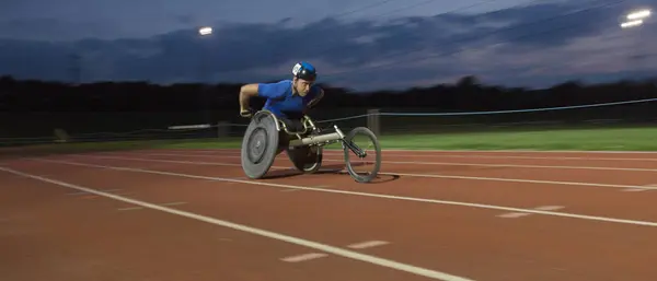 Determined Young Male Paraplegic Athlete Speeding Sports Track Wheelchair Race — Stock Photo, Image