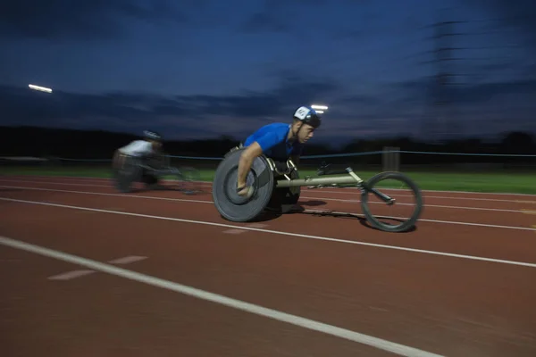 Determined Young Male Paraplegic Athlete Speeding Sports Track Wheelchair Race — Stock Photo, Image