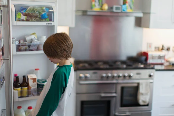 Boy Looking Kitchen Refrigerator — Stock Photo, Image