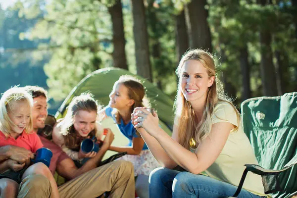 Smiling Family Relaxing Campsite Woods — Stock Photo, Image