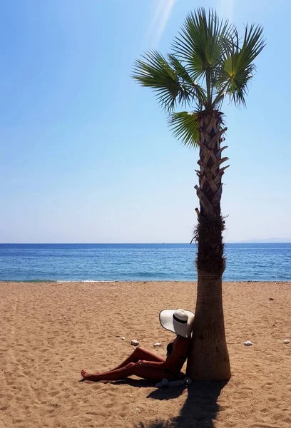 Una Mujer Con Sombrero Blanco Sentada Bajo Palmera Playa Mirando — Foto de Stock