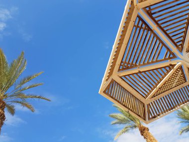 Güneşli gökyüzü ve plaj şemsiye Eilat tatil; İsrail