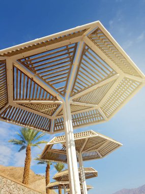 Güneşli gökyüzü ve plaj şemsiye Eilat tatil; İsrail