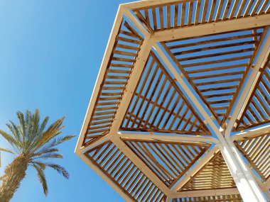 Güneşli gökyüzü ve plaj şemsiye Eilat tatil; İsrail