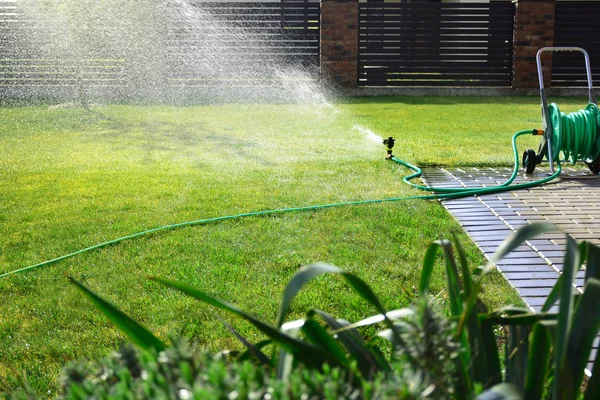 Lawn sprinkler watering green grass — Stock Photo, Image