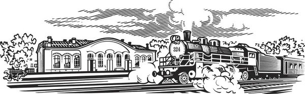 Locomotive, illustration vectorielle noir-blanc — Image vectorielle