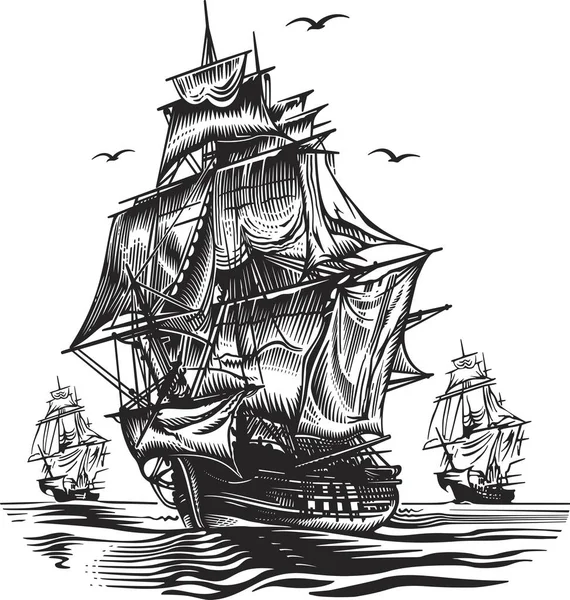 Barco, ilustración vectorial blanco y negro — Archivo Imágenes Vectoriales