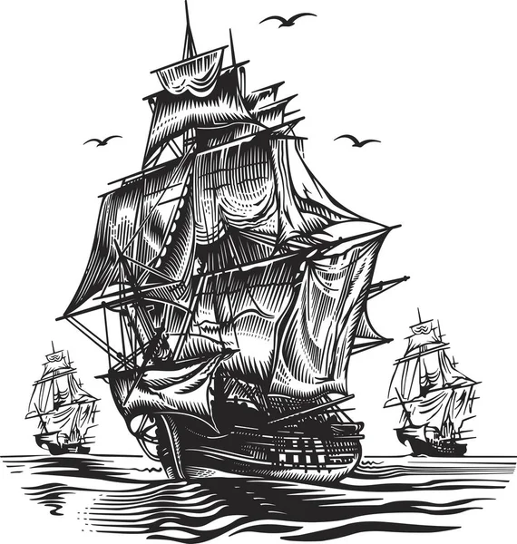 Корабль, черно-белая векторная иллюстрация — стоковый вектор