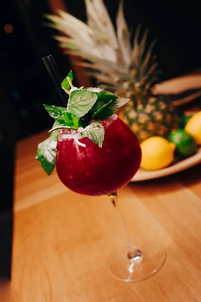 Fresh Cherry Summer Author Inspired Cocktail Drink Bar Counter Pineapple — Stock Photo, Image