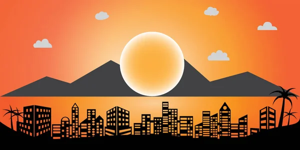 Sunset or sunrise in ocean, nature landscape background. Vector flat style.