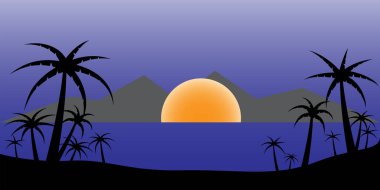 Okyanusta gün batımı ya da gün doğumu, doğa manzarası. Vektör düz biçimi.