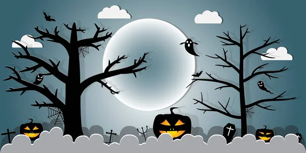 Halloween Night Konzept Vector Paper Kunststil — Stockvektor