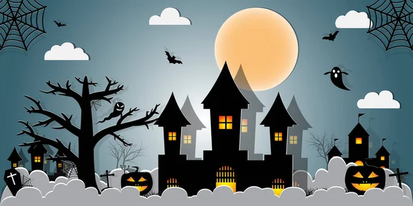 Halloween Night Konzept Vector Paper Kunststil — Stockvektor