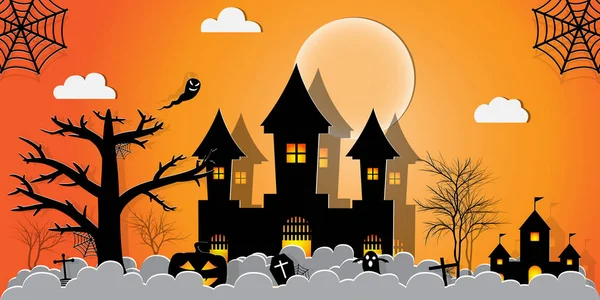 Halloween Night Konzept Vector Paper Kunststil — Stockvektor