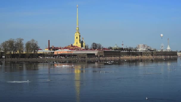 Весенний вид на Петропавловскую крепость, р. Нева, Санкт-Петербург, Россия — стоковое видео