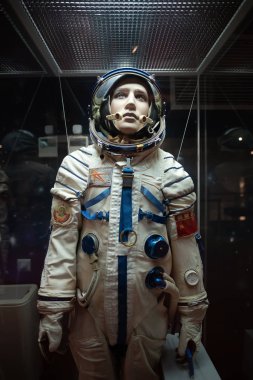 MOSCOW, RUSSIA-APR10, 2018: Human in Spacesuits details on display inside of Museum of Cosmonautics on April10,2018 at Moscow,Russia. clipart