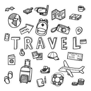 Beyaz arka plan üzerinde seyahat ve Turizm kavramının vektör doodle kroki. Doodle sanat dünya seyahat toplama tasarım.