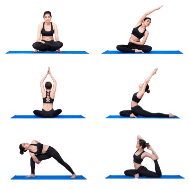 Genç Asyalı kadın pratik yoga yoga spor salonunda egzersiz poz. Yoga egzersiz parası sağlıklı bir form iyi egzersiz ve genel kalori yakmak sağlayan olduğunu.