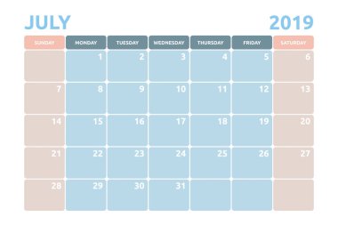 Resepsiyon planlayıcısı ve ajanda randevu için kopya alanı ile Temmuz 2019 için en az takvim tasarım.