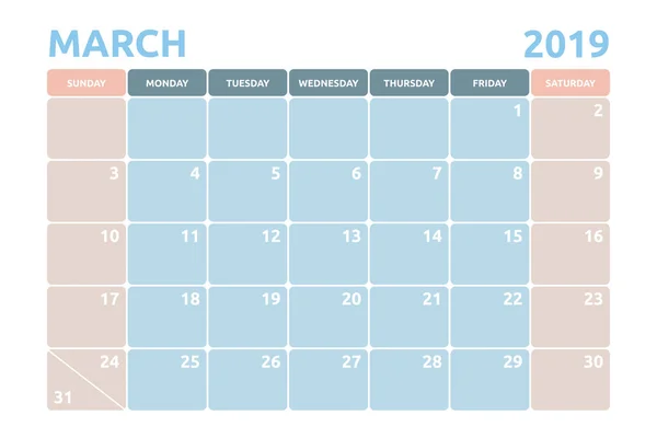 Design Calendário Mínimo Para Março 2019 Com Espaço Cópia Para —  Vetores de Stock